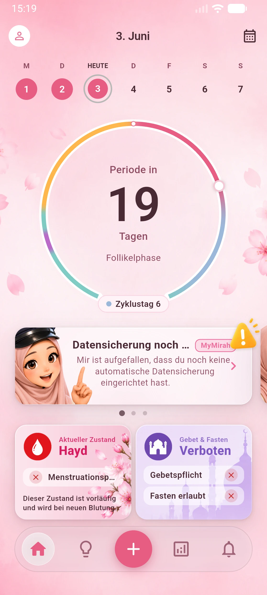 Startbildschirm der App mymirah mit Zyklusübersicht