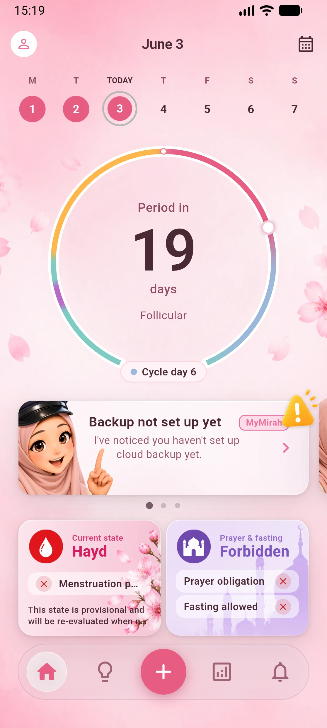 Home screen of the mymirah app with a cycle overview
