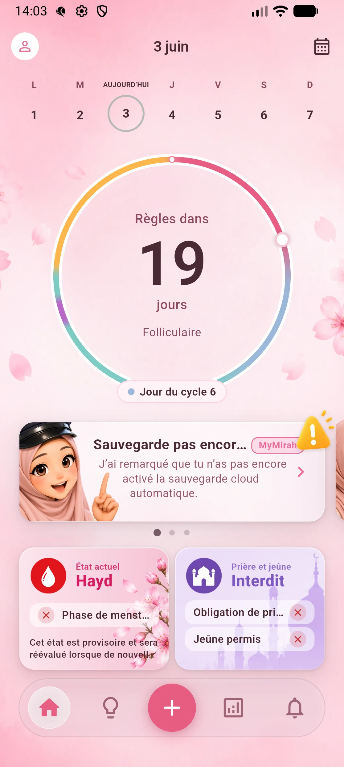 Écran d’accueil de l’application mymirah avec l’aperçu du cycle